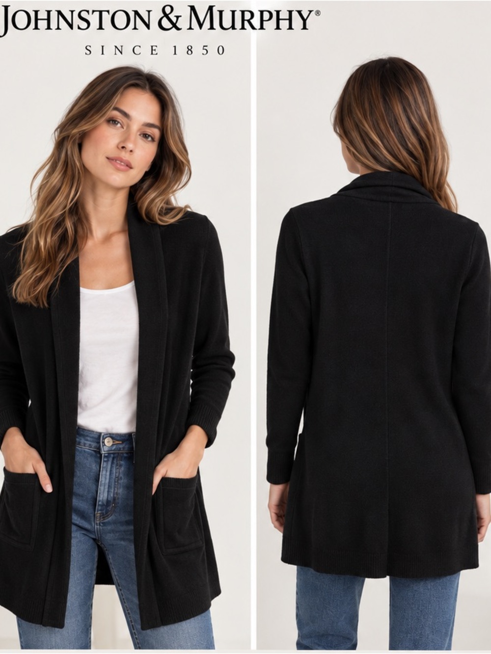 Johnston & Murphy Black Long Open-Front Cardigan